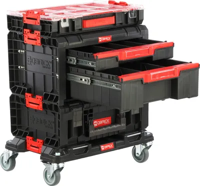 A modular tool storage system with drawers and an organizer on wheels.