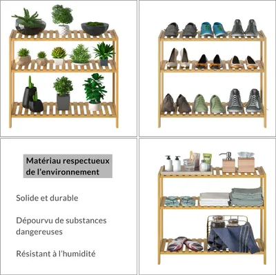 Image de Étagère de rangement en bambou 66 x 58 x 26 cm 3 niveaux réglables en hauteur Charge max. 30 kg