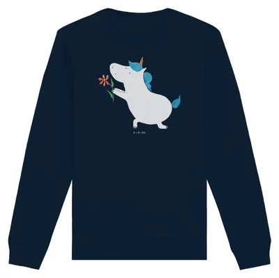 Produktbild von Mr. & Mrs. Panda Baumwoll Pullover Einhorn Blume Größe L - French Navy - Geschenk, Ehe, Sweatshirt, Liebe, Einhörner, Pulli, Verlobung, Organic, Freundin, Unicorn
