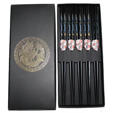 Produktbild von 045 Essstäbchen Geschenkset 5 Paar aus Bambus mit Dekor Drache schwarz