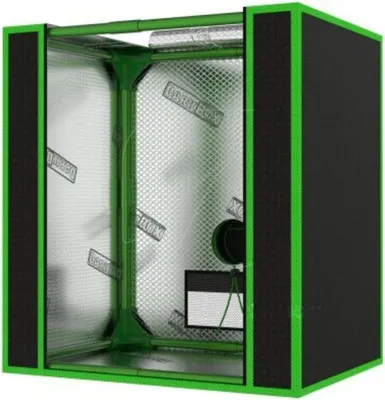 A grow tent with reflective interior and green frame.