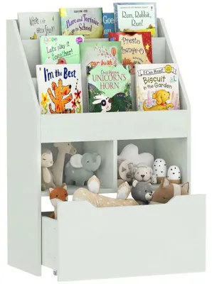 Image de Étagère en bois pour enfants - Étagère de rangement avec 3 compartiments, 2 cubes, un tiroir sur roulettes (4 roulettes), en MDF, dimensions : 60 x 29,9 x 90 cm - Vert