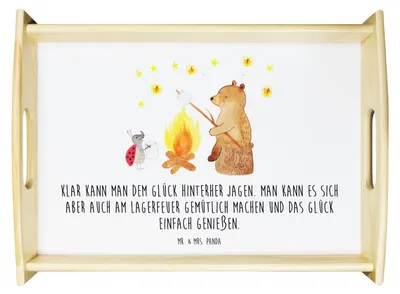 Produktbild von Mr. & Mrs. Panda tablett für bett Bär & Marienkäfer Lagerfeuer - Weiß - Geschenk, Bett-Tablett, sofatablett, aus holz, Tee, serviertablett, Teddy