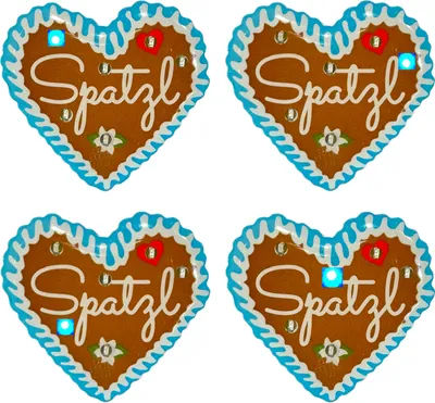 Produktbild von 4 Stück LED Anstecker Pin "Spatzl" im Lebkuchenherz-Design für Hochzeiten Oktoberfeste Fasching Karneval Geburtstag Firmenfeier Junggesellenabschied