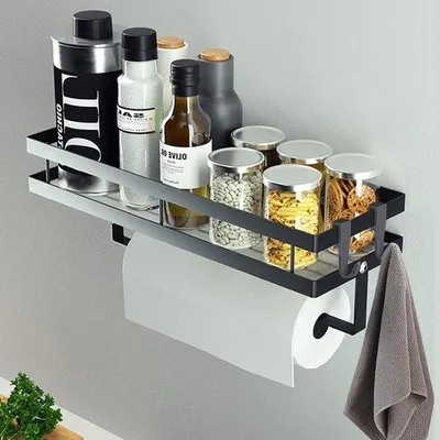 Image de Étagère à épices avec porte-rouleau de cuisine - Étagère murale de cuisine sans percer - 1 pièce - noir - 35 cm