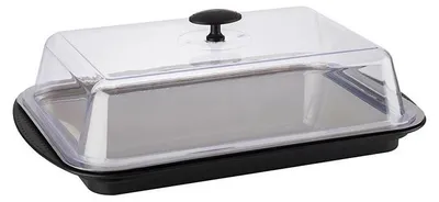 A product shot of a butter dish with a clear lid and black base.