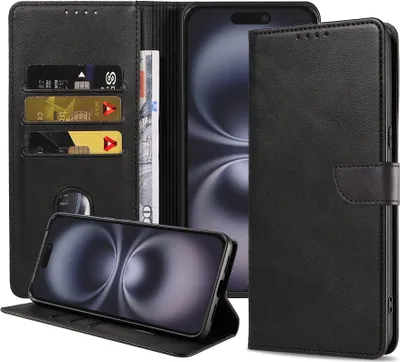 Obrázok produktu pre Fit for iPhone 16 Phone Case Faux Leather with Magnetic Lip and Card Holder Knižkové puzdro s chlopňou - čierne - Smartphonics