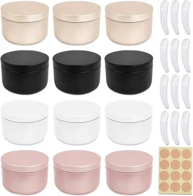 Immagine prodotto di Set da 12 contenitori cosmetici in alluminio da 50 ml - coperchi rotondi - cucchiaini rotondi - per creme, polveri, candele.