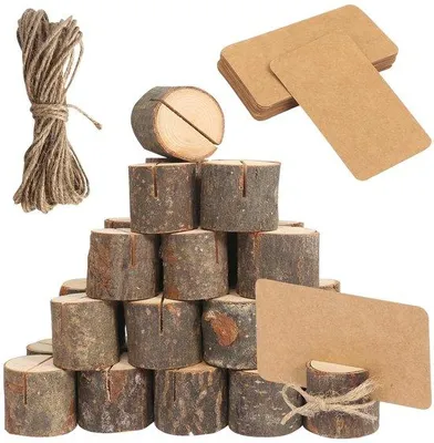 Produktbild von Pak van 30 Holz-Tischkartenhalter, Tischkartenstander, Holzkartenhalter, Menukartenhalter mit 30 Pergamentkarten und 10 m Juteband, Fotohalter, Holz für Hochzeiten, Restaurants, Empfänge