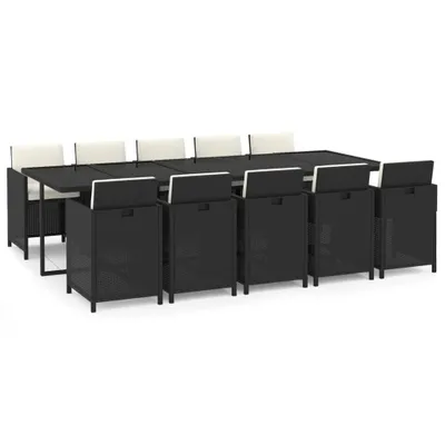 Produktbild von 11-tlg. Garten-Essgruppe mit Kissen Poly Rattan Schwarz