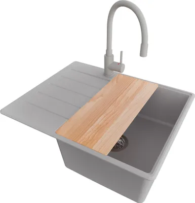 Produktbild von PRIMAGRAN Granitspüle Grau 62x50cm, Spülbecken 1 Becken + Küchenarmatur 38x14cm + Ablauf-Set + Schneidebrett, Küchenspüle ab 45er Unterschrank - Kopenhagen