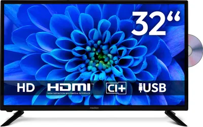 A television screen displaying a large blue flower, with text overlays indicating features and size.