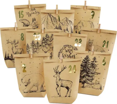 Produktbild von Adventskalender Tüten zum Befüllen Basteln Schwarz Weihnachten 24 Motiv Waldtiere