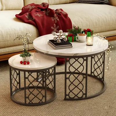Produktbild von okwish Couchtisch 2er-Set, Beistelltisch für Schlafzimmer Balkon,Satztische Satztisch Wohnzimmertisch fürs Wohnzimmer,Weiß und Schwarz
