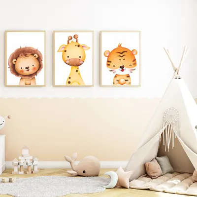 Produktbild von Löwe Giraffe Tiger Safari Tiere 3er Set Kinderzimmer Bilder DIN A4 Wandbilder Deko Babyzimmer Poster