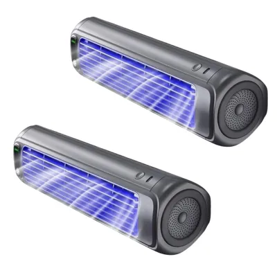Two identical gray cylindrical devices with blue light grids are shown against a white background.