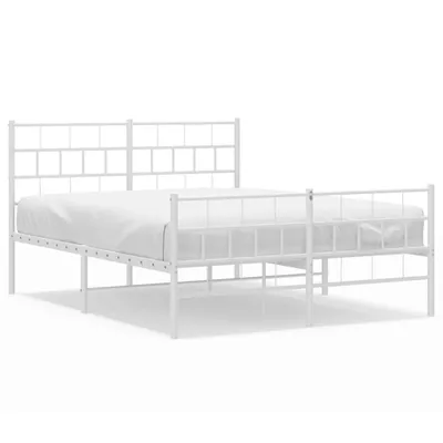 A white metal bed frame with a mattress on a white background.