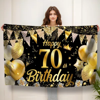 Immagine prodotto di Banner di compleanno, 70 anni, nero e oro, 150 x 90 cm, decorazione per feste di compleanno