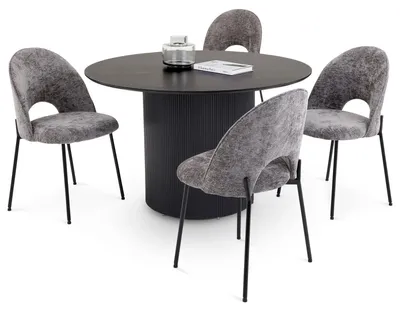 Produktbild von Essgruppe VIANNEY 1 Tisch mit 4 Stühlen, Ø120 x 75 cm, schwarz grau – modernes Esszimmerset mit rundem Esstisch aus MDF und Metall, Stühle mit Stoffbezug, bequeme Sitzgelegenheit ohne Armlehnen