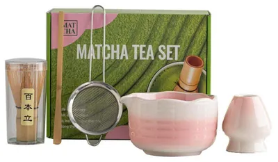 Immagine prodotto di Set da tè Matcha, composto da 5 elementi: ciotola, frustino in bambù, setaccio, cucchiaino e supporto, ideale per le cerimonie del tè giapponesi