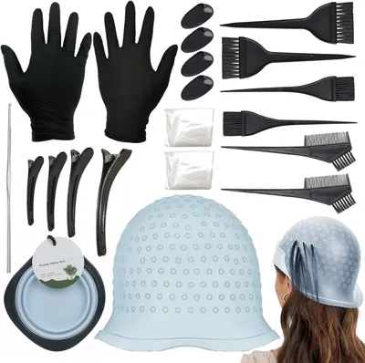 Produktbild von 24-teiliges Haarfärbeset mit Strähnchenhaube, Haarfärbepinseln, Bürstenkamm, Färbeschale, Ohrabdeckungen, Handschuhen und Haarspangen