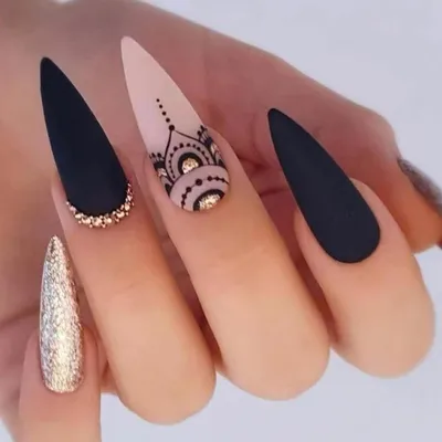 Zdjęcie produktu dla Sztuczne paznokcie typu "stiletto", brokat, matowe, czarne, styl "French", 24 sztuki
