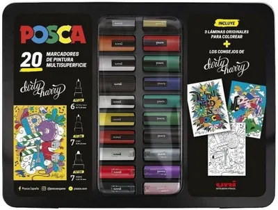 Productafbeelding van POSCA Uni-Ball metalen koffer - Set van 20 - Etui - Viltstiftset met - Gesorteerd