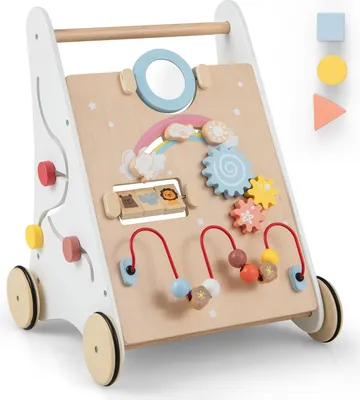 Produktbild von GOPLUS Stabile Lauflernhilfe aus Holz, Multifunktionaler Lauflernwagen mit mehreren Spieleinstellungen & Ablage, Lernspielzeug Gehhilfe mit Gummirädern & Griff