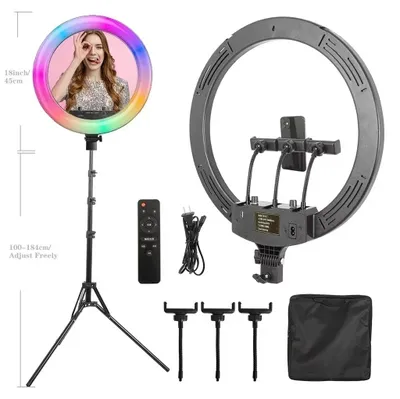 Productafbeelding van Selfie- en fotolamp - RGB-ringlamp 45,7 cm - Dimbaar - 3300–5600 K - Telefoonhouder - 184 cm statief