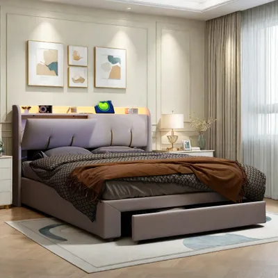 Produktbild von Samtbett - Stauraumbett - LED-Beleuchtung - USB-Anschluss - Hydraulik-Lift - Schubladen - Kopfteil mit Stauraum - 140×200 cm - Beige