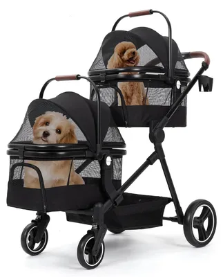 Immagine prodotto di Carrello per cani da esterno - Carrello pieghevole per cani - 2 compartimenti per cani - Fino a 22 kg - Finestre a rete - Tasca portaoggetti - Copertura antipioggia