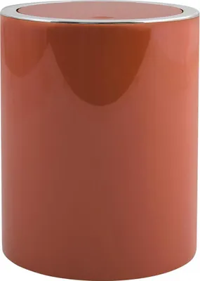 A close-up studio shot of a terracotta-colored trash can with a silver rim.