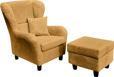 Produktbild von Ohrensessel mit Hocker Landhausstil Polster-TV-Lesesessel in Cord Gold Ockergelb / 18022