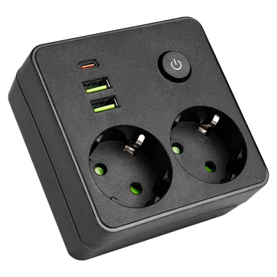 Produktbild von MasterLED Schuko-Steckdosenadapter Modi 2-fach mit USB-C, 2 USB-A und Schalter