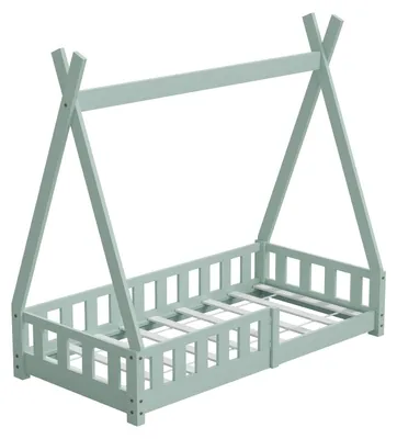 Produktbild von HAGO24 Kinderbett 160x80cm Mint Tipi Bettgestell Holzhaus Zeltoptik Rausfallschutz Lattenrost Kiefernholz Dekorierbar Montessori Stil Spielbett