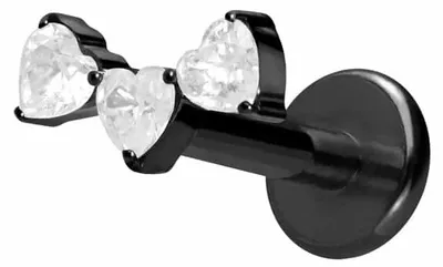 Produktbild von Ohrpiercing, Nasenpiercing Titan Labret mit Push Fit 3 KRISTALLHERZEN Schwarz Stablänge: 6mm | Stabstärke: 1,2mm