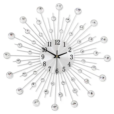 Produktbild von Große Wanduhren Metall Silber,50 cm Silber Wanduhr, kreative Design Quarzuhr, leise ohne Ticken, modern mit Strass, Wohnzimmer Deko