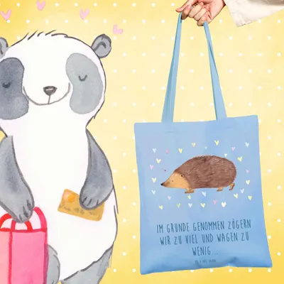 Produktbild von Mr. & Mrs. Panda Tote Bag Igel Herzen - Sky Blue - Geschenk, Stoffbeutel, Herz, Lustige Sprüche, Jutebeutel, Kuss, Tasche, Baumwollbeutel, Vertrauen, Shopping, Liebe