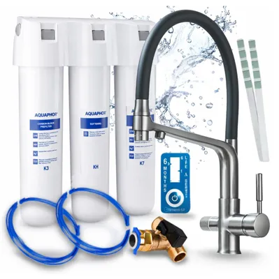 Obrázek produktu pro Baterie do kuchyně Ari, třícestná, flexibilní, barva grafit. Výsuvná baterie s filtrem Aquaphor Kristall H
