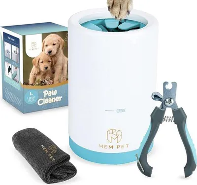 Produktbild von Famanu Hunde-Pfotenreiniger 3-in-1 - Premium Pfotenreinigung mit Mikrofasertuch und Krallenschneider - Größe L