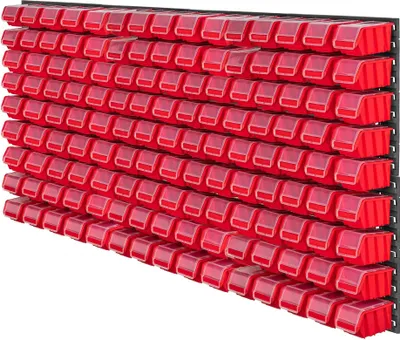 Obrázek produktu pro Nástěnná nástrojová deska pro montáž na zeď – děrovaná deska s úložnými boxy a háčky – 156 x 78 cm – 135 dílů – pro dílnu a garáž – červená