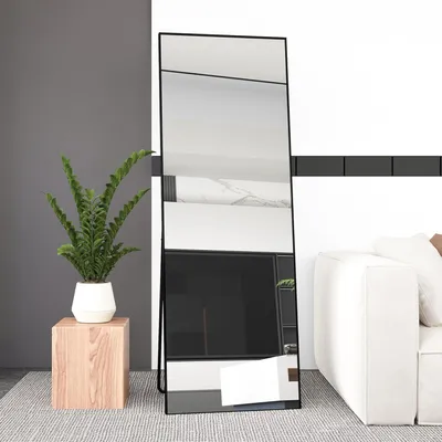 Obrázek produktu pro Celoplošné zrcadlo 165 x 60 cm, volně stojící, závěsné nebo opřené, velké podlahové zrcadlo s černým rámem z hliníkové slitiny do obývacího pokoje nebo ložnice, obdélníkové