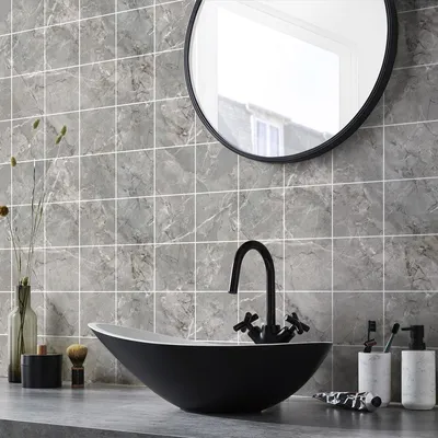 Image de Autocollants muraux imitation carrelage pour la cuisine et la salle de bains – 24 autocollants OBIDOS aspect marbre gris – 24 autocollants de 15 x 15 cm
