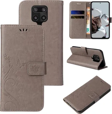Produktbild von Handyhülle für Xiaomi Redmi Note 9 Pro Floral Blumen Schmetterling Flip Cover Hülle Case Klapphülle Handytasche Farbe: Grau