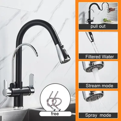 Image de Robinet de cuisine avec douchette extractible - Deux leviers - Noir et chromé - Acier inoxydable