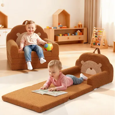 Produktbild von Kleinkindersofa, Caveen 2-in-1-Kindersofa, faltbarer Baby-Sofa-Sessel für Jungen und Mädchen, Geschenkidee mit Bärenmotiv