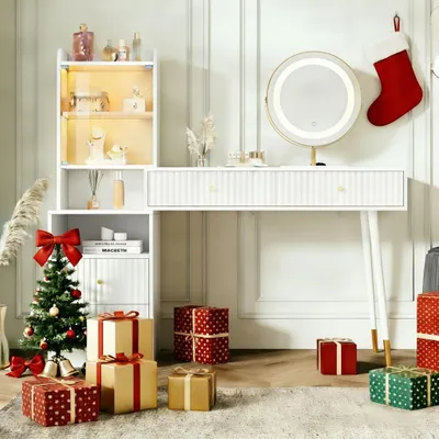 Image de Ensemble de coiffeuse Fortuna Lai avec miroir LED tricolore, quatre tiroirs, 1 armoire éclairée avec porte vitrée, 1 compartiment de rangement ouvert, blanc, dimensions : 100 x 40 x 125 cm (sans tabouret)