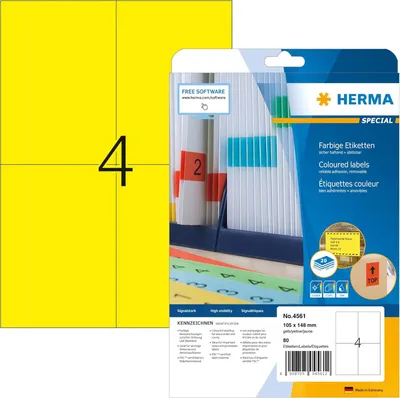 Obrázek produktu pro HERMA 4561, Žlutá, Obdélník, A4, Univerzální, Matný, Laserová/inkoustová tiskárna