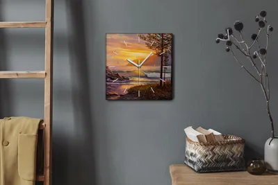 Produktbild von Coloray Hodiny Unikátní 30x30 cm  Tiché hodiny Pro obývací pokoj a kuchyň Nástěnné hodiny Plátno Bílé ručičky hodin - Stromy vlny západu slunce