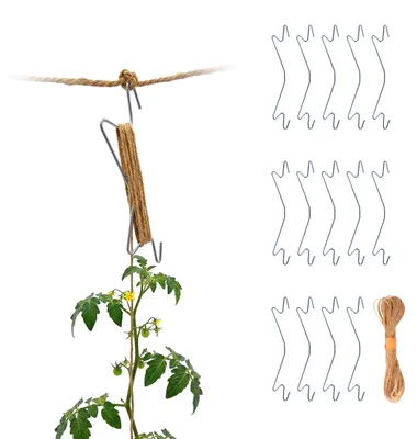 Produktbild von Relaxdays Tomaten Haken, 15er Set, 5 Meter kompostierbare Juteschnur, Gurken, Paprika, Metall Pflanzenstütze, silber